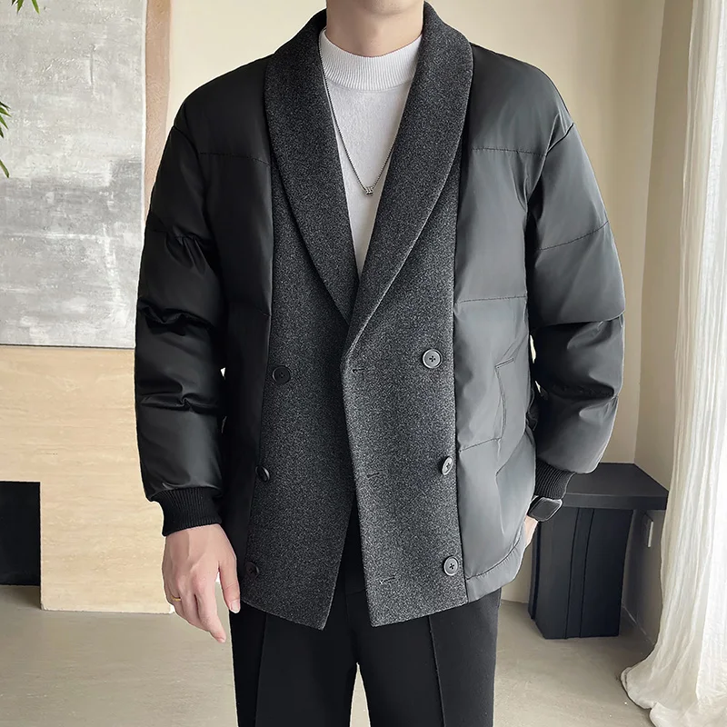 2024 Winter Men's Thickened Suit Collar Cotton-padded Clothes Contrast Color Chic Parkas Splicing Long-sleeve Cotton-padded Tops