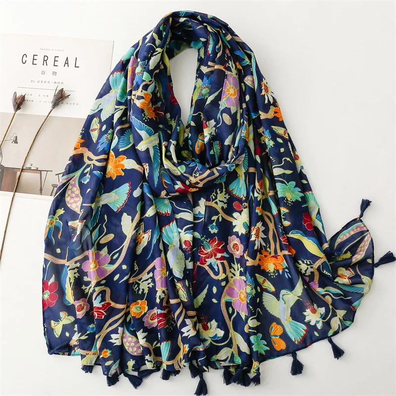 Print Long 88x180cm Scarf for Women Neck Warmer Thin Linen Viscose Muslim Hijab Outdoor Ethnic Shawl