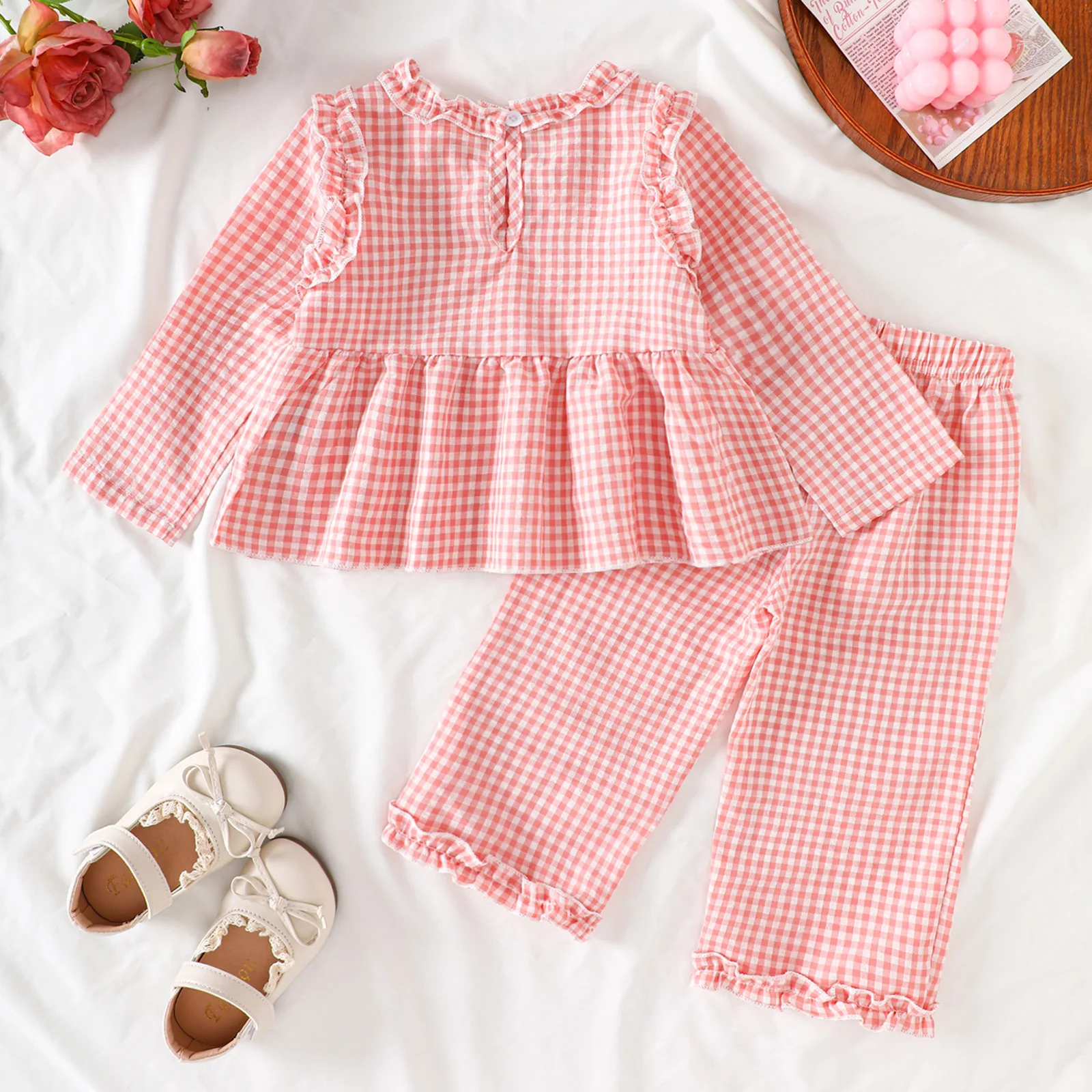 2025 Herfst pasgeboren babymeisjessets Vintage gingham geruite ruches met lange mouwen, top en broek, tweedelige set