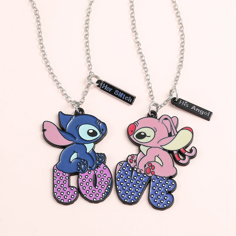 Anime Lilo and Stitch Necklace I Love You Couples Jewelry Her Stitch His Angel Pendant Keychains Kids Toys Doll Key Ring Gifts