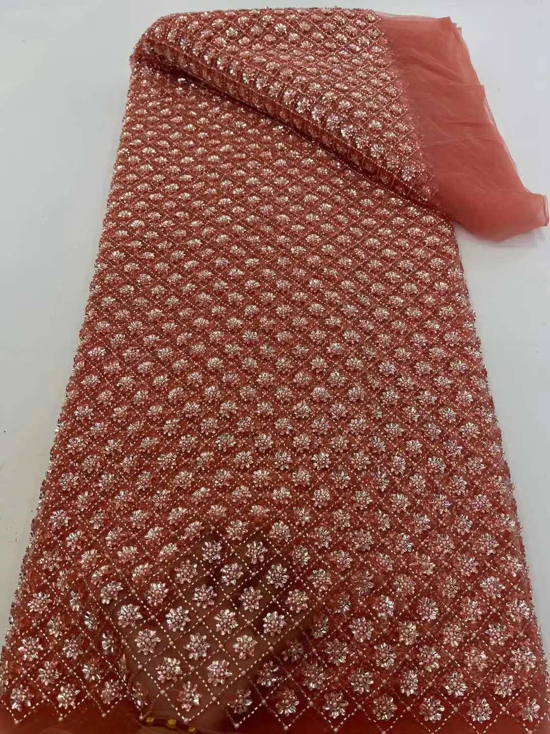 2025 New Design African Heavy Beaded Lace Tulle Lace Fabric French Sequins Embroidery Lace Fabric For Dresses Wedding Material