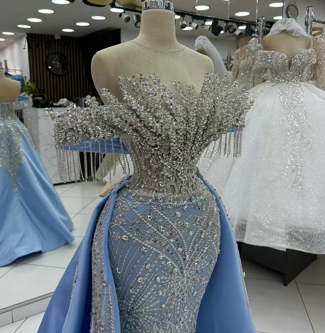 

Arabic Light Blue Crystals Off Shoulder Evening Dresses with Detachable Train Customized Formal Two Pieces Wedding Party Gowns