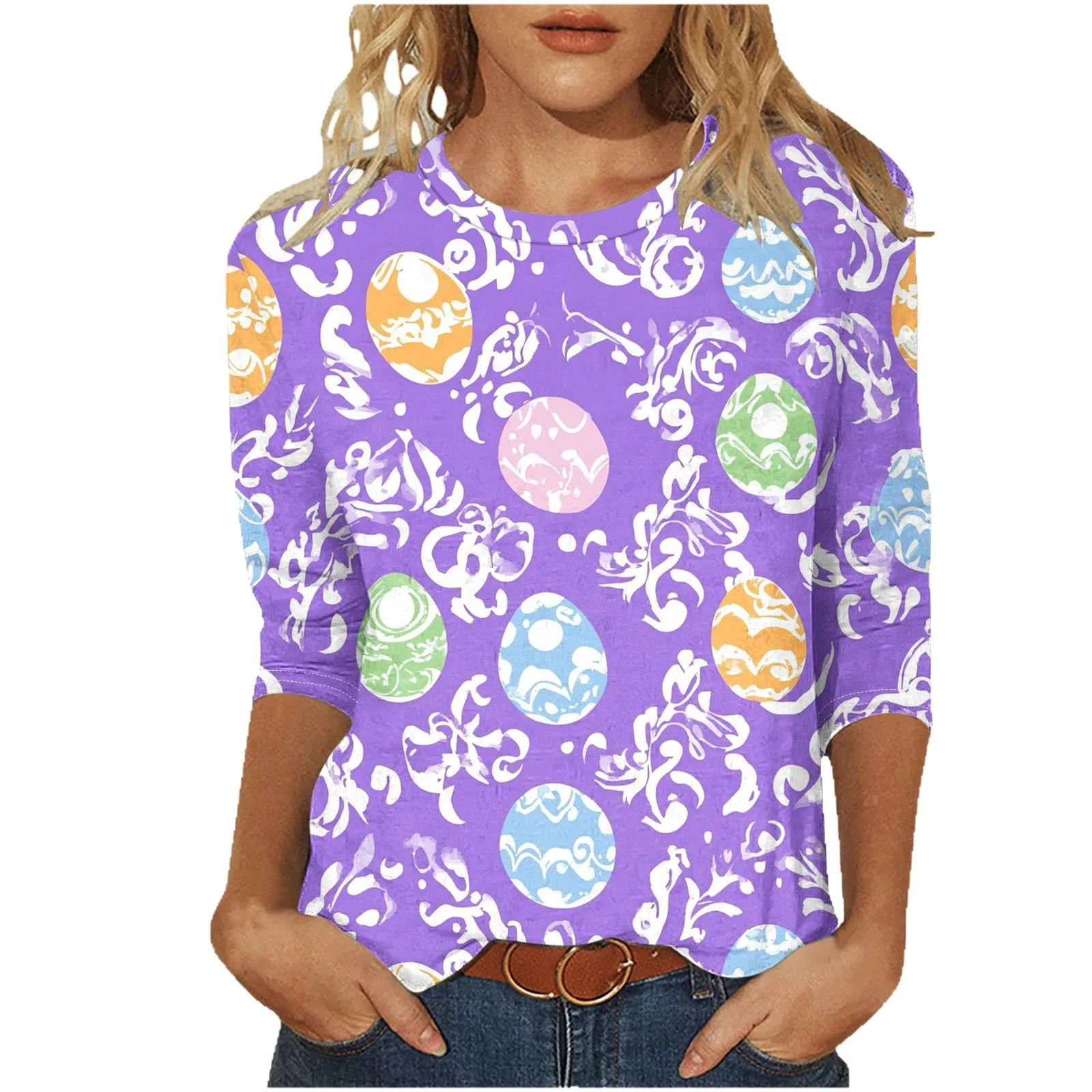 Women's Easter 3D Digital Printing Crew Neck 3/4 Sleeve T-Shirt Loose Top