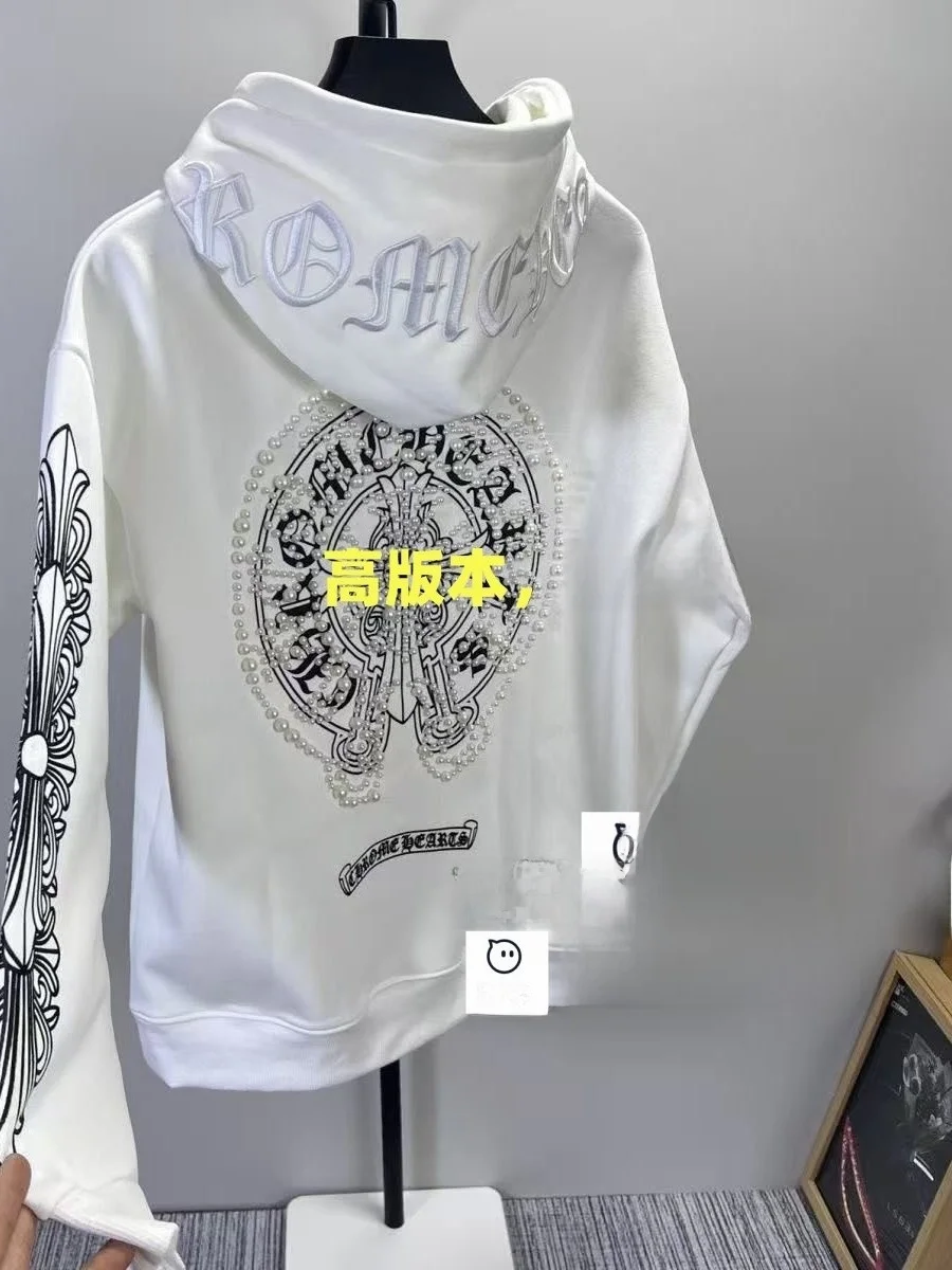 

Мужская повседневная толстовка свободного кроя с вышивкой жемчугом, дышащая, из смесового полиэстера и хлопка, с длинными рукавами