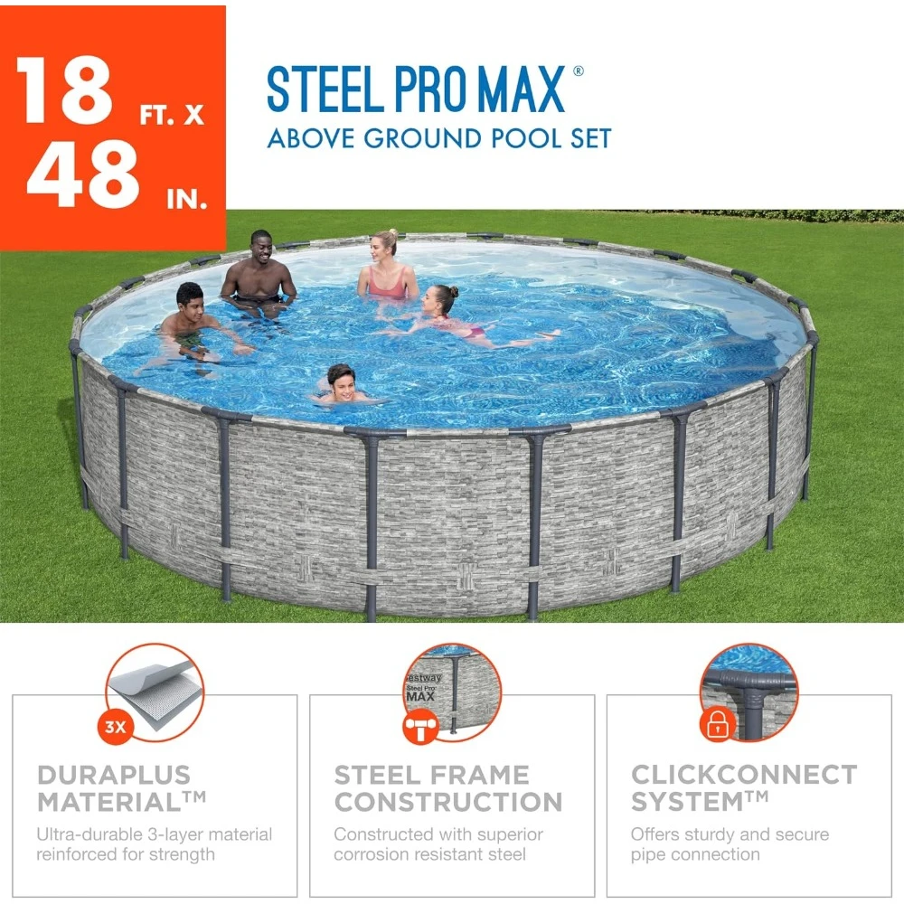 Round Above Ground Pool Set | Frame Pool Features Realistic Stone Print Liner | Includes 1500gal Filter Pump，18’ X 48”