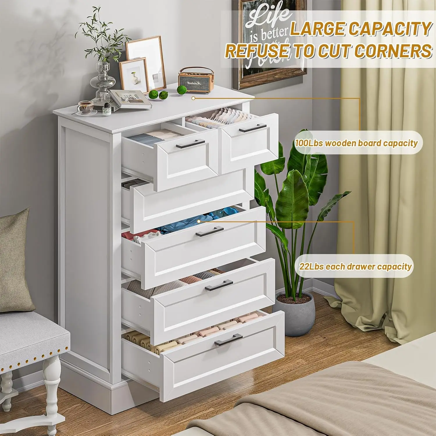 White Dresser with 6 Drawers, Vertical Tall Dresser for Bedroom, Wood Dresser for Hallway, Living Room, Chest of Drawers for Nur