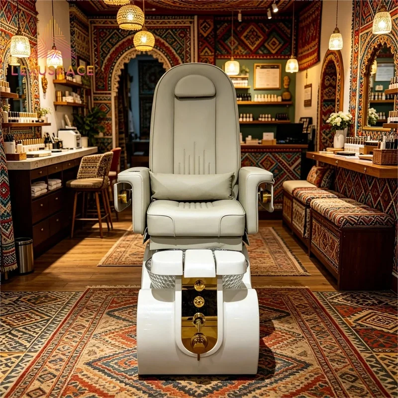 Luxury Electric Reclining Pedicure Chair Gold Hardware PU Leather Spa Massage Chair for Commercial Nail Salon