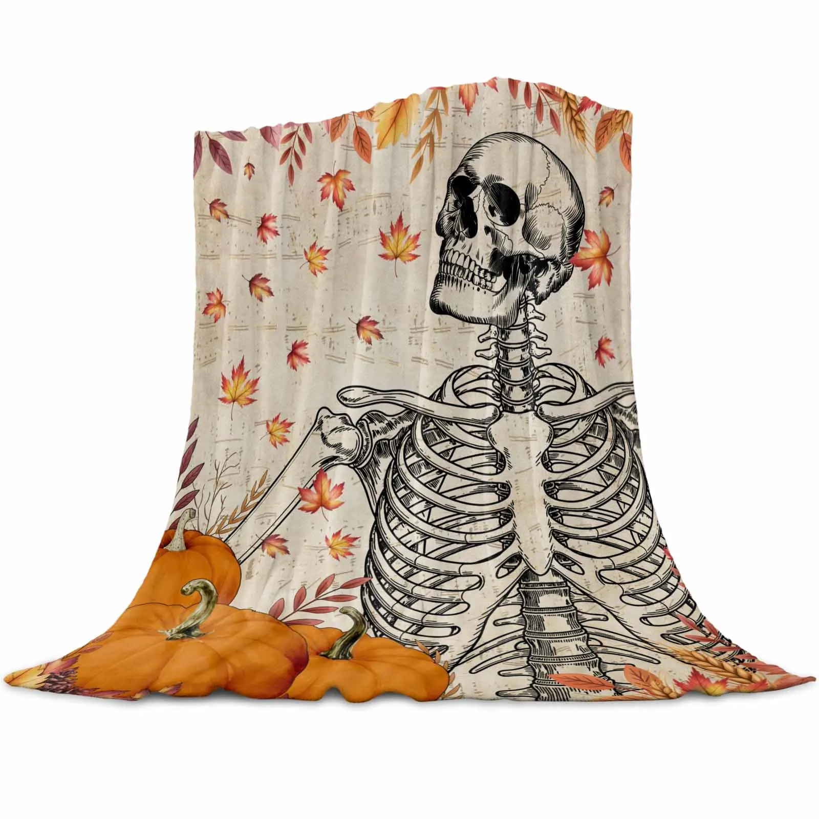 

Vintage Skull Maple Leaf Pumpkin Throws Blankets for Sofa Bed Winter Soft Plush Warm Sofa Throw Blanket Holiday Gifts