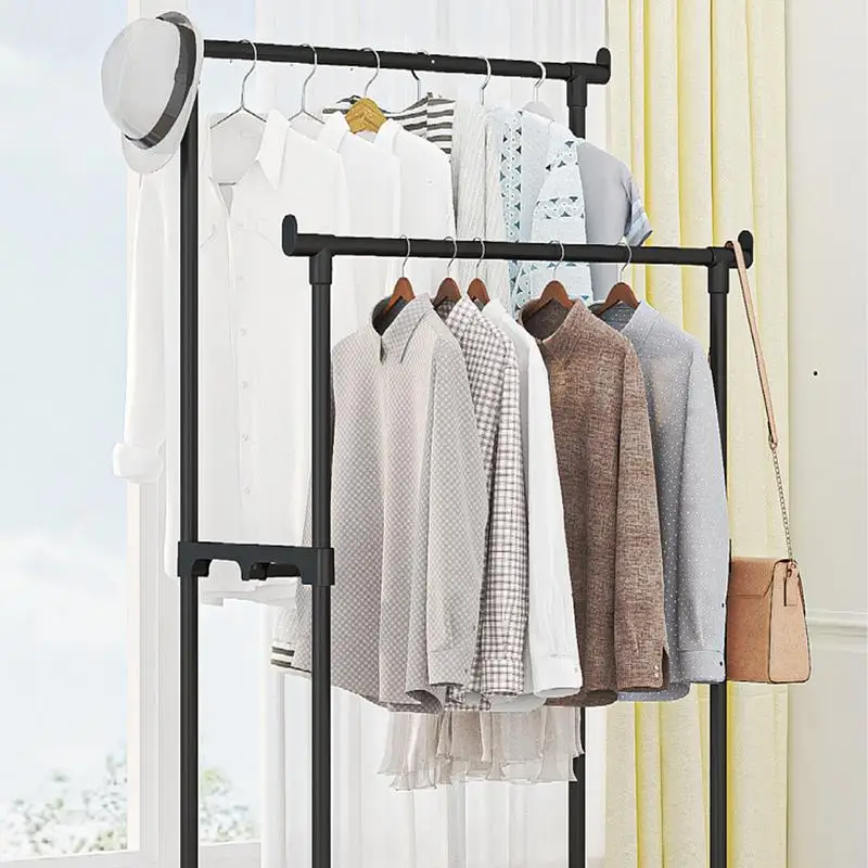 Double Clothes Rack Metal Heavy Duty Clothing Rack Rolling Closet Organizers And Storage Multi-Functional Wardrobe Space Saver