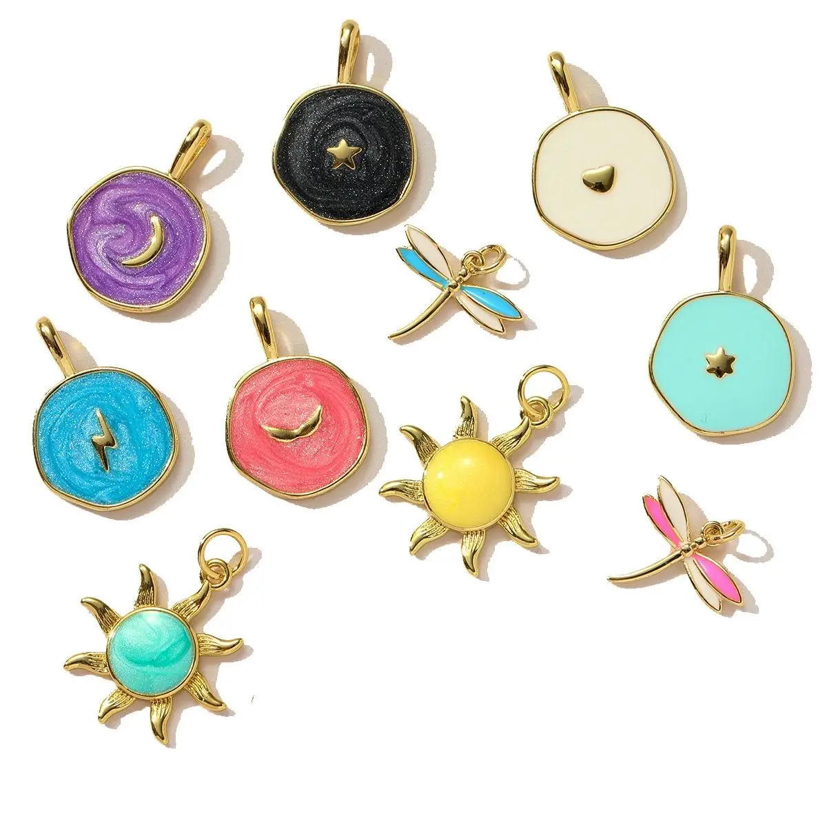 3Pcs/Lot Copper Sun Moon Star Charms Enamel Round Pendants For DIY Jewelry Making Necklace Earring Accessory Wholesale