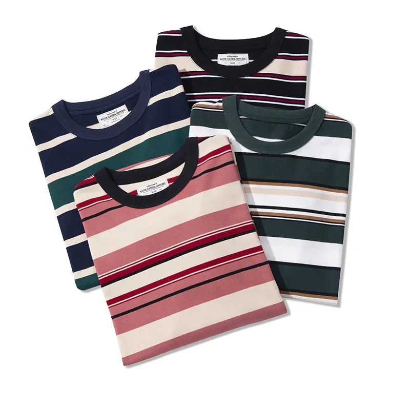 New OKONKWO 280g thick heavy round neck men's T-shirt sailor shirt striped long-sleeved