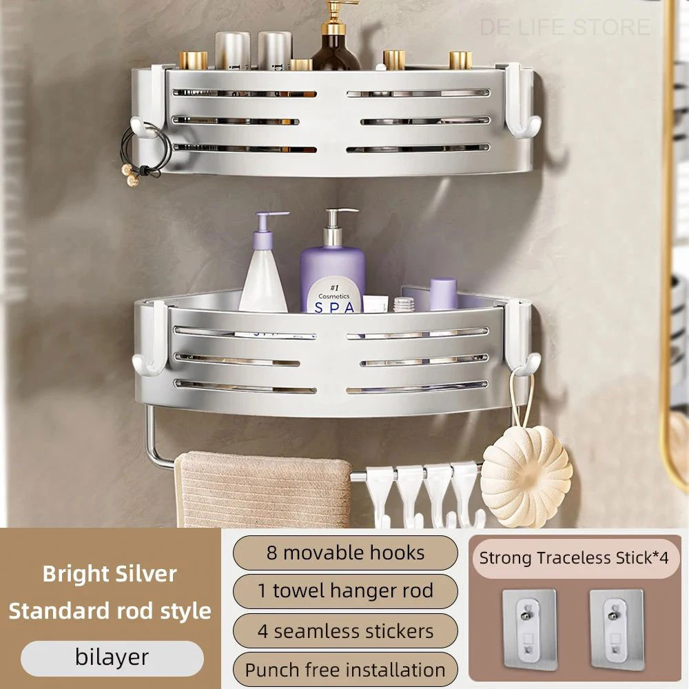 1-2PCS Badkamer Hoekplank met Plastic Haak Handdoekstang Geen Boorruimte Aluminium Douche Opbergrek Badkamer Organizer