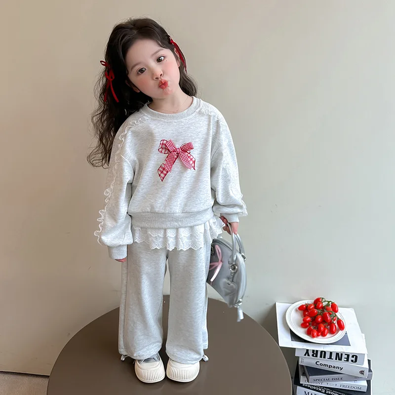 1歳～10歳-女児服セット-2025年秋-漫画プリント-リボン付きスウェットシャツ-レース-ハイウエストパンツ-上下2点セット-キッズカジュアル-outfits