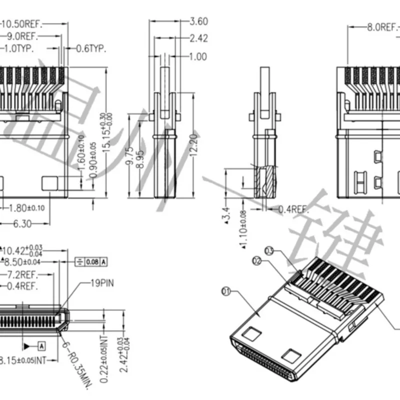 HDMI  C-type male head with board welding wire type  Plug 19P  19+1 mini male connector  With PCB board