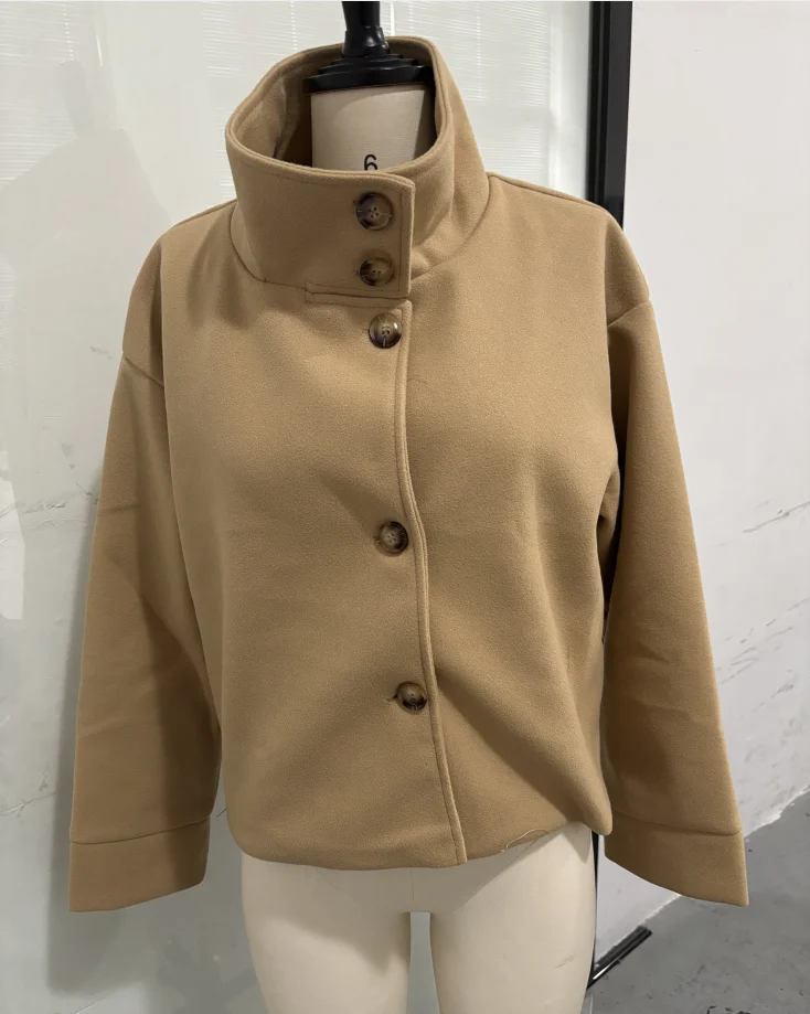 Stand Collar Women Spring Woolen Coats Single Breasted Loose