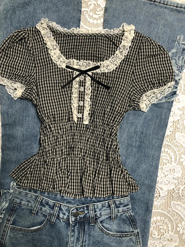 

Оригинальный клетчатый кружевной ор Све irt, женский летний винтажный топ с завязкой на талии, уникальный топ с узлом для поездок на работу, корейский фи...