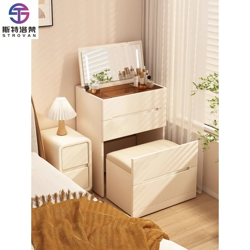 

Modern Simple Cream Style Solid Wood Dressing Table Lighted Mirror Mini Flip Bedside Makeup Table for Bedroom