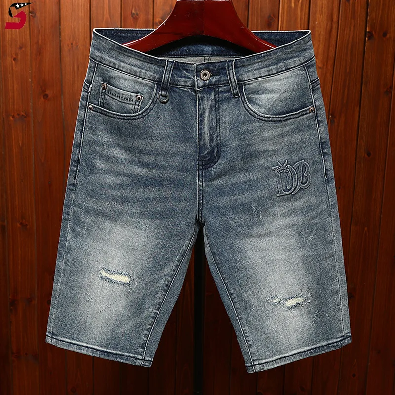 

High-End Denim Shorts for Men 2024 Summer Fashion Embossing Hole & Patch Korean Slim Straight Elastic Capri Pants