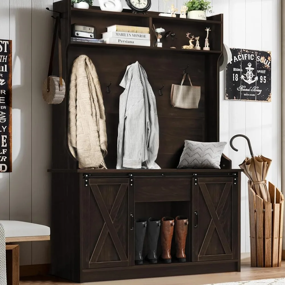 Farmhouse Hall Tree with Storage, 42 Inch Wide Entryway Bench with 2 Sliding Barn Doors, Brown Tall Hall Tree