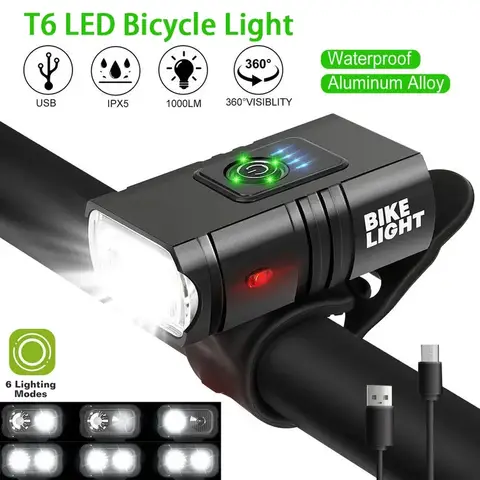 Lanterna Frontal para Bicicleta Recarregável via USB com Display de Energia, Luz LED à Prova d'Água, Acessórios para Ciclismo