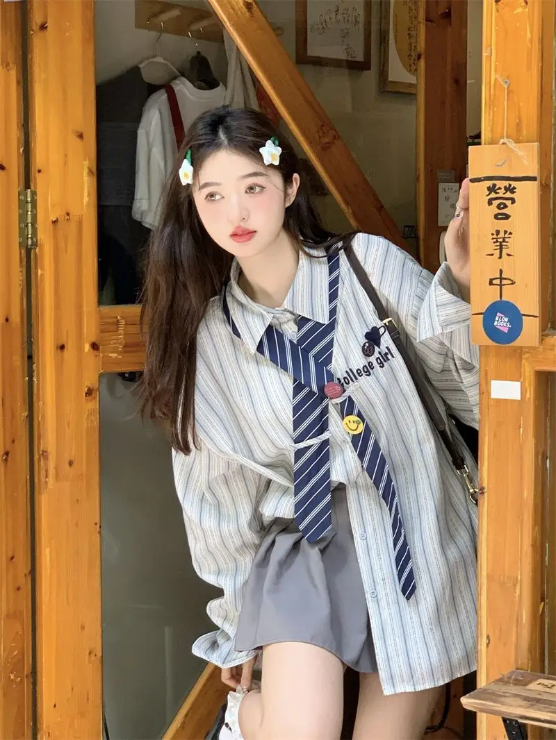 

Striped Shirts Women Baggy Preppy Sweet Teens Youth Girlish Japanese Street Personal Designer Harajuku Ins Fashion Clothing Cozy