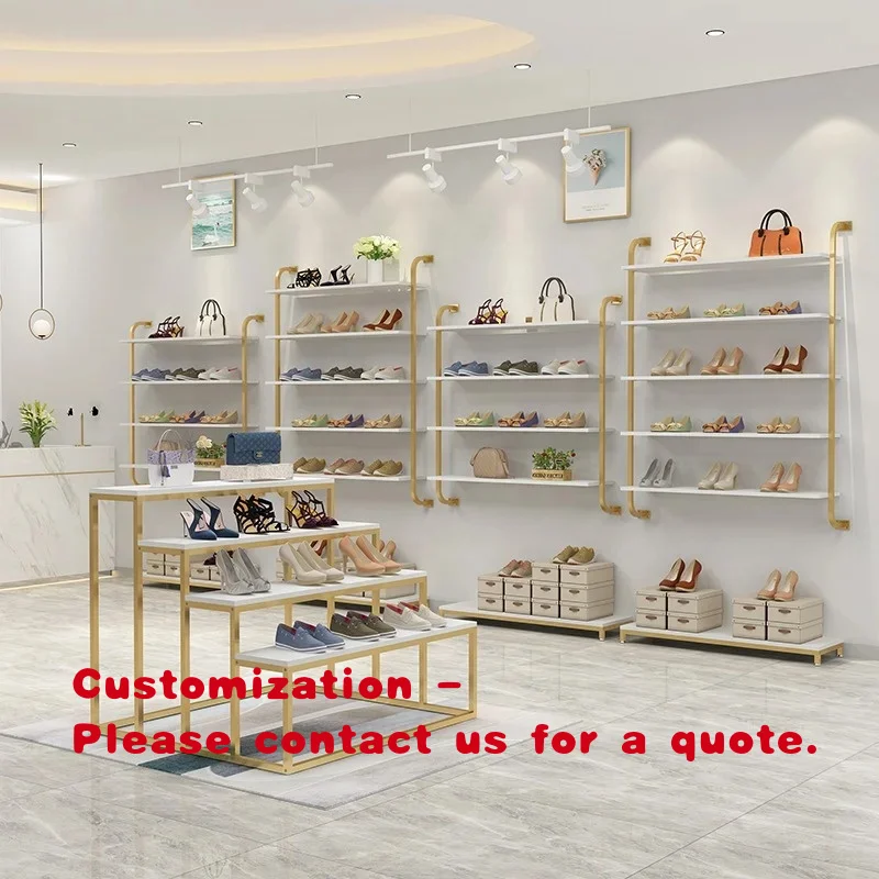 

custom.Showroom Design Modern Gold Wall Mounted Bag and Handbag Display Shoe Store Display Racks Shoes Stand Shoes Display Shelf
