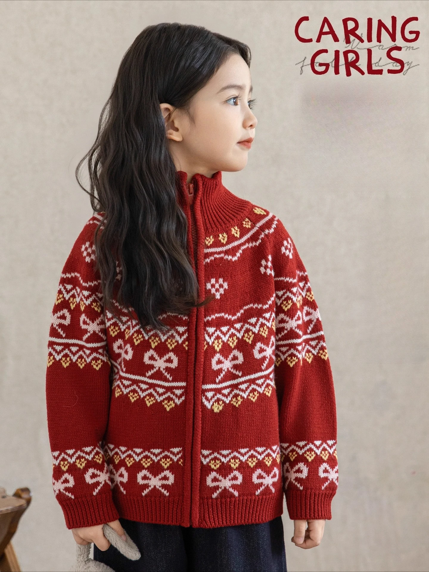 

New 2025 Winter Girls Retro High Neck Cardigan Wool Blend Thermal Loose Fit Sweater for 1-7 Years