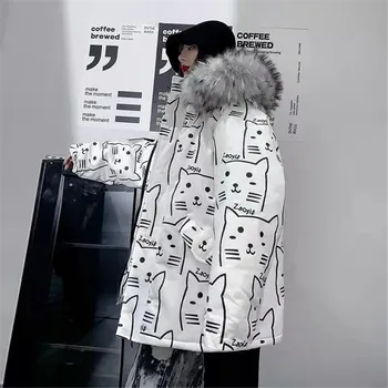 Winter Streetwear Harajuku Jassen Vrouwen Warme Losse Koreaanse Katoenen Parka 'S Kat Bedrukt Y 2K Chique Bont Koreaanse Kleding Hoodies