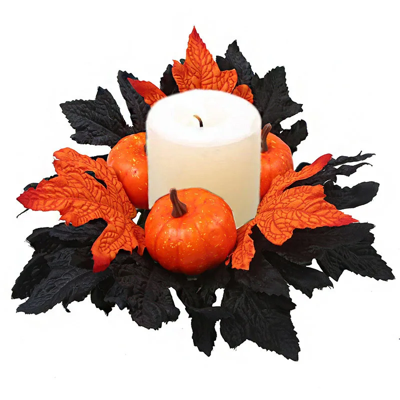 

2Pcs Halloween Rings Wreath Black Artificial Maple Leaf Holder Table Centerpieces Fall Thanksgiving Party Decor