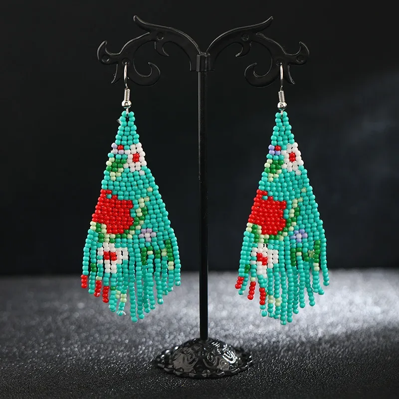 Beaded earrings Tassel Geometry Rainbow Bohemia Gradient color Design Hand knitting Alloy  Female Versatile Rice bead earrings