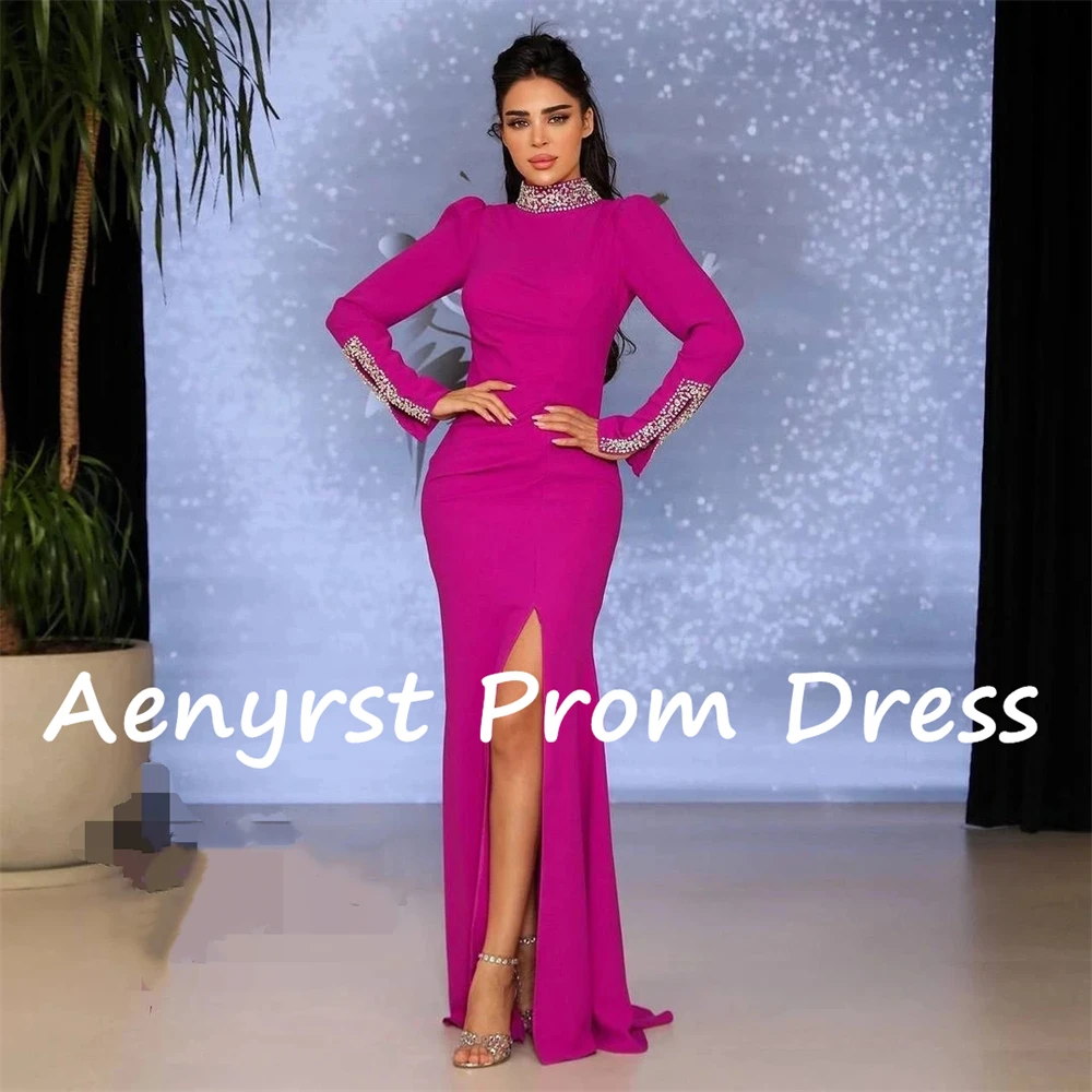 Aenyrst Mermaid Long Sleeves Saudi Arabia Evening Dresses Satin Side Split Crystal Prom Gowns Floor Length Formal Occasion Dress