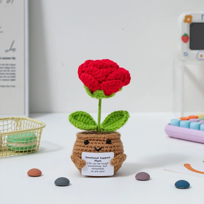 Mini Finished Crochet Roses Roses Sunflowers Tulip Potted Emotional Support Stuffed Plants Home Table Car Interior Decor