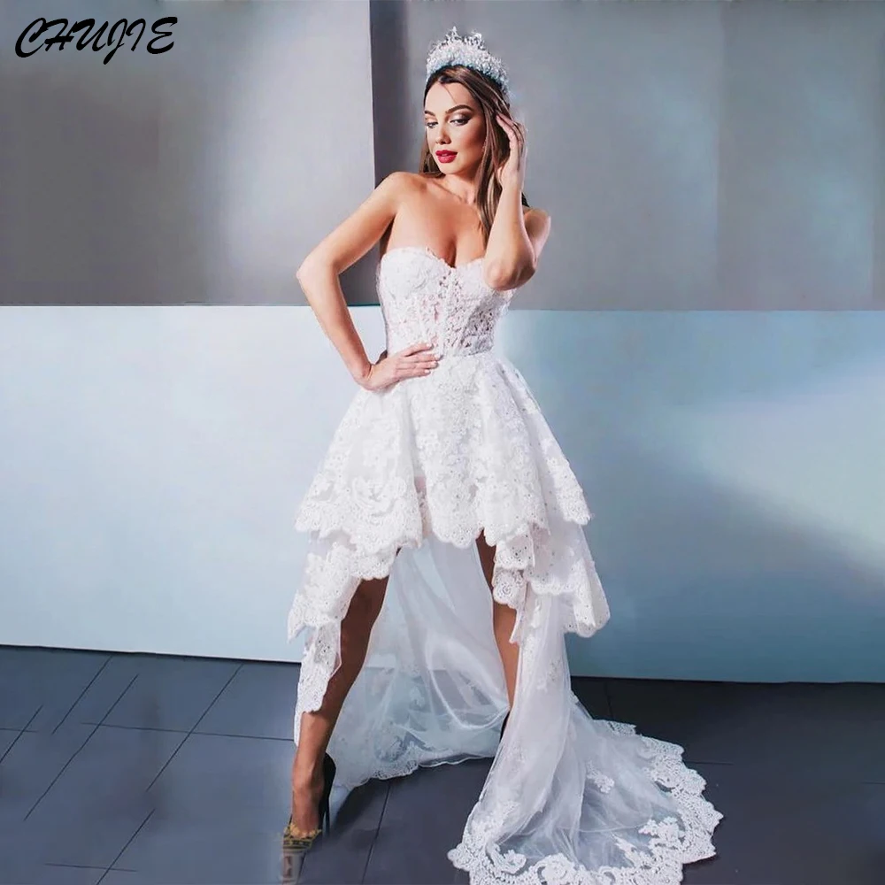 

White Lace HIgh Low Vestido de novia Long Sleeves Customized Свадебное платье Wedding Dresses Strapless Plus Size Bridal Gowns