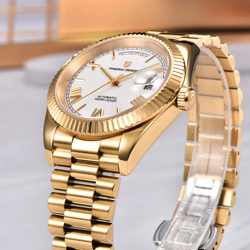 นาฬิกา Pagani ดีไซน์ใหม่ ปี 2025 รุ่น DD40 ซีรีส์สีทอง นาฬิกาอัตโนมัติสุดหรู กระจกแซฟไฟร์ AR นาฬิกาจักรกล ระบบ NH36A พร้อมวันที่ นาฬิกาข้อมือผู้ชาย