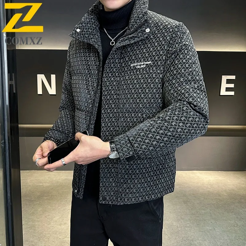 

COMXZ Men Down Jacket Stand Collar Collar Commute Office Lightweight Puffer Coat Trendy Leisure Print Design Warm Winter Coat
