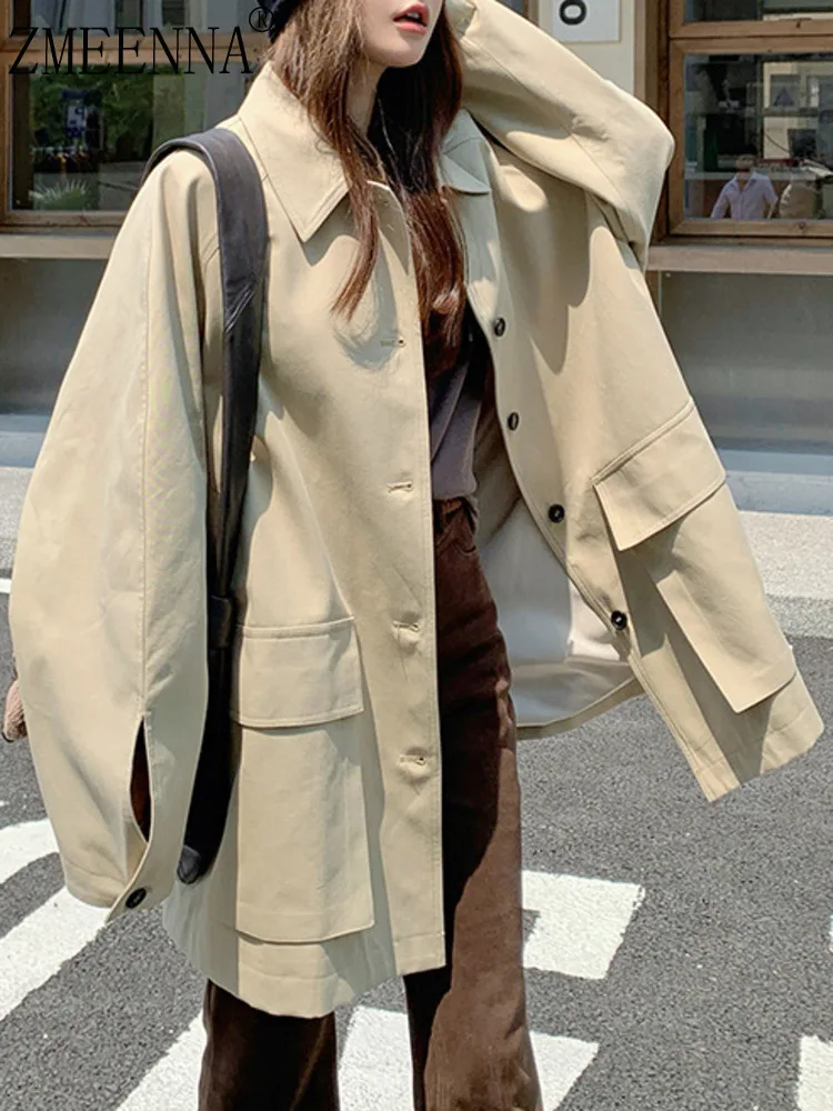 

ZMEENNA Beige Mid Length Jacket For Women With Notched Collar Button Closure Stylish Outerwear Flap Pockets ZM4142