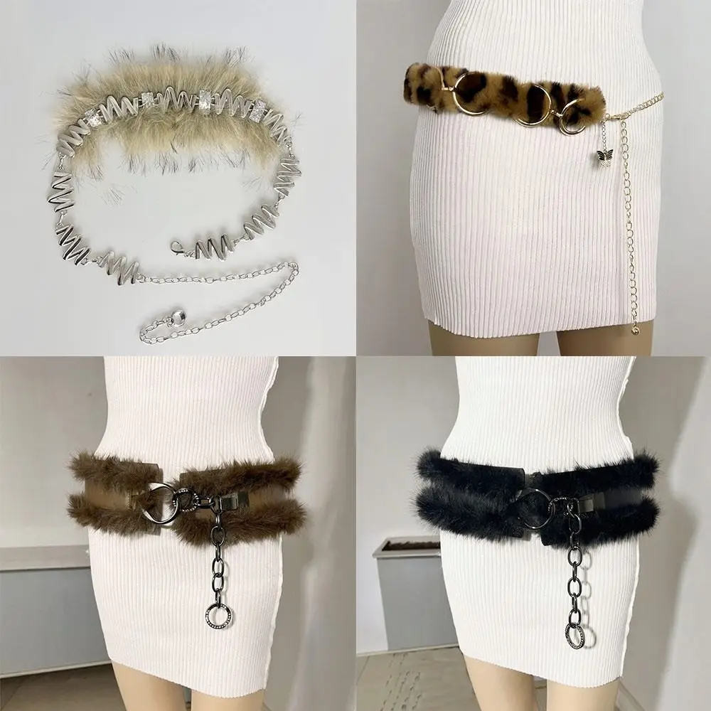 

Джинсовые брюки Декор с цепочкой Меховой ремень в стиле панк из искусственной кожи Супермягкая плюшевая цепочка на талию Персонализированный пушистый пояс