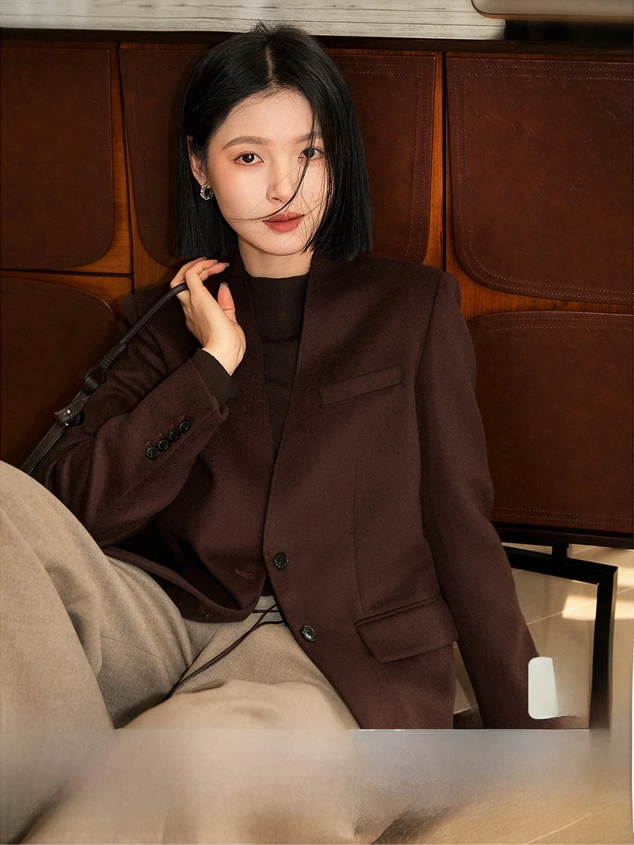 

Красное шерстяное пальто-костюм Red Fortunel для женщин, без воротника, 120 стежков, из мериносовой шерсти и кашемира, новая модель, для повседневной носки, модное.