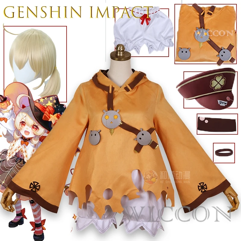 

Genshin Impact Klee Косплей Хэллоуин взрослый платье комплект со шляпой аниме наряд Kawaii Рождественская тыква ведьма