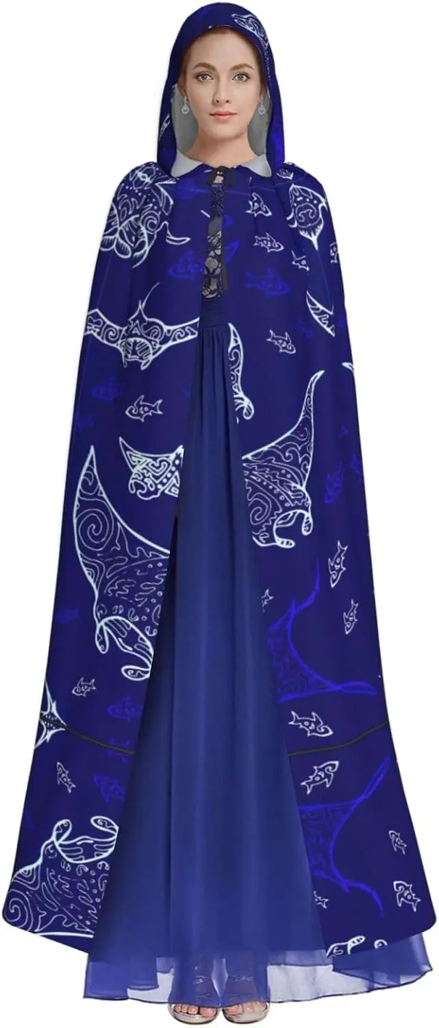 Manta Ray and Fish print Adult Hooded Cape Carnival Festival Cape Cosplay Robe Costume party Gothic Carnival