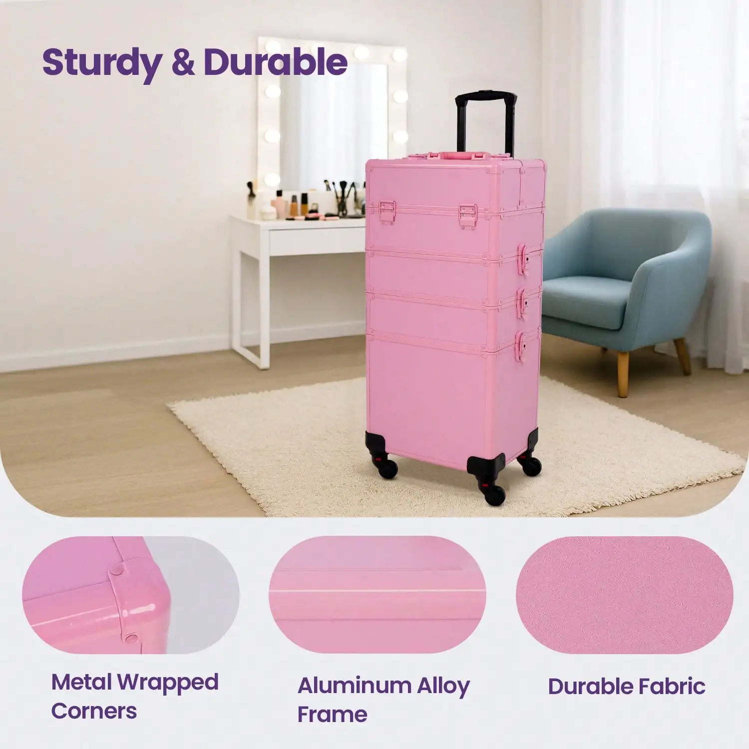 Rolling Makeup Train Case 4 in 1 Cosmetology Case on Wheels, Large Cosmetic Organizer with Lid & Lock, Professional Travel Makeup Trolley for Salon Barber, Pink view 8