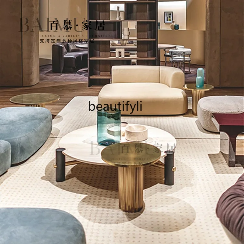

ltalian Style Light Luxury Stainless Steel Irregular Coffee Table Modern High-End Natural Beige Travertine Marble Tea Tabl