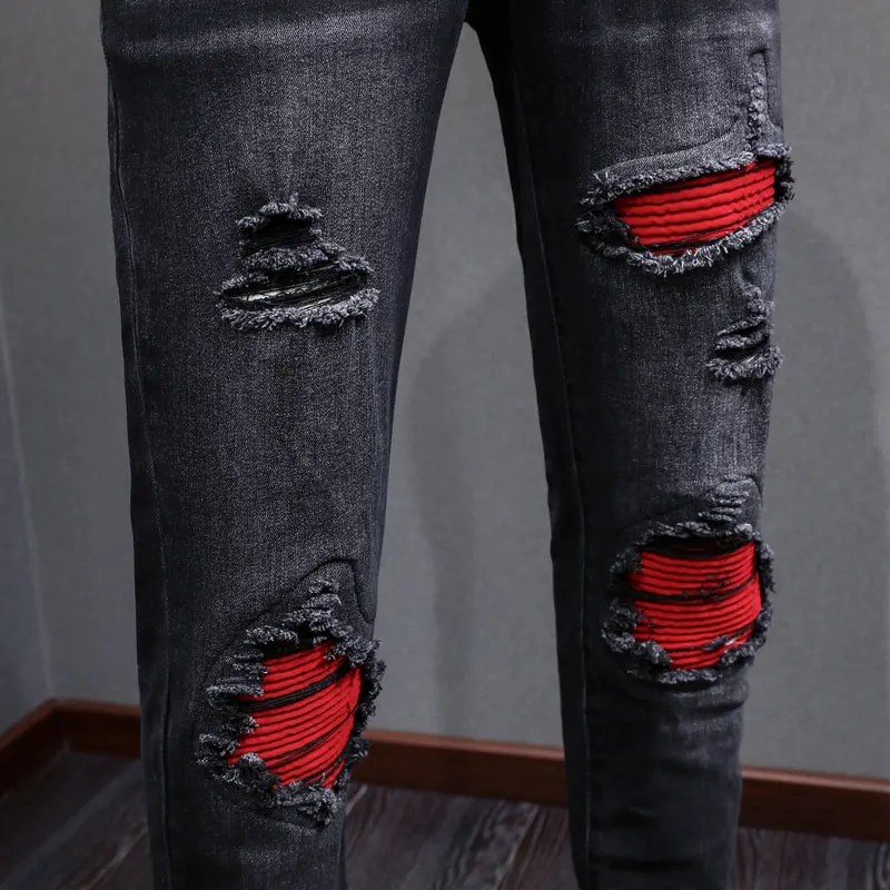 Y2k designer's fashionable new men's jeans, washed, nostalgic, slim fit, perforated, red patch, black jeans, high street trendy