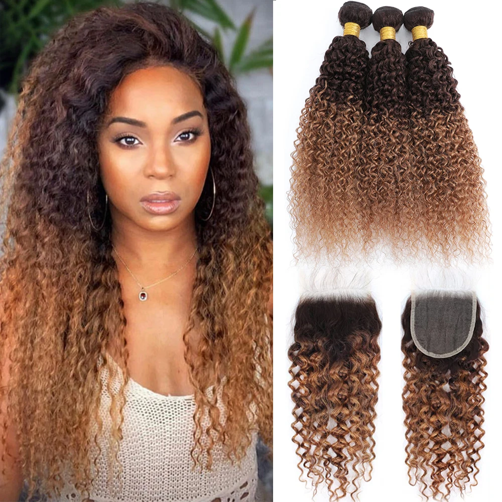 Ombre Curly Bundles With Closure T4/30 Colored Human Hair Bundles With Closure Brazilian Kinky Curly Hair Bundles With Closure