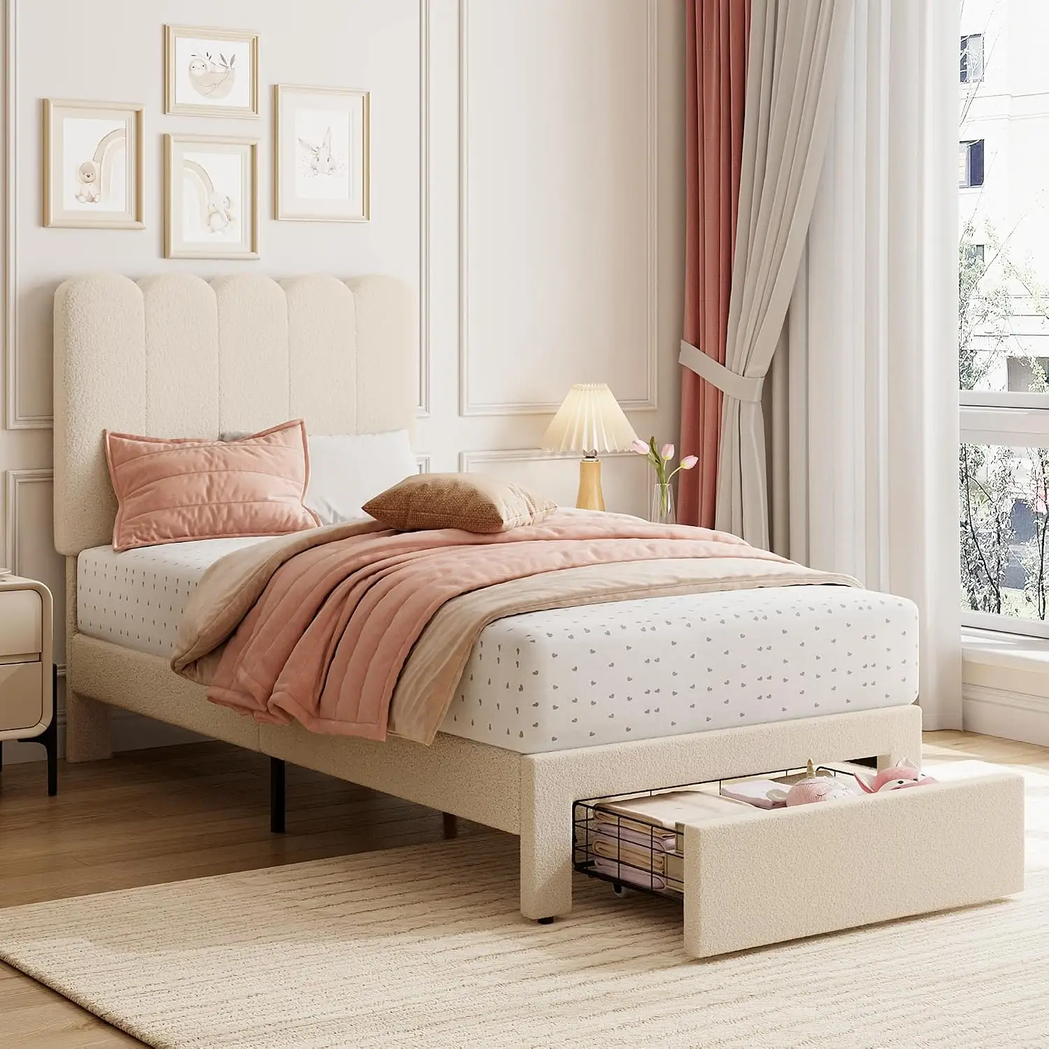 White Upholstered Twin Bed Frame Wave Headboard Under-Bed Drawer Kids Girls Wooden Slats No Box Spring Platform Bed, Customized
