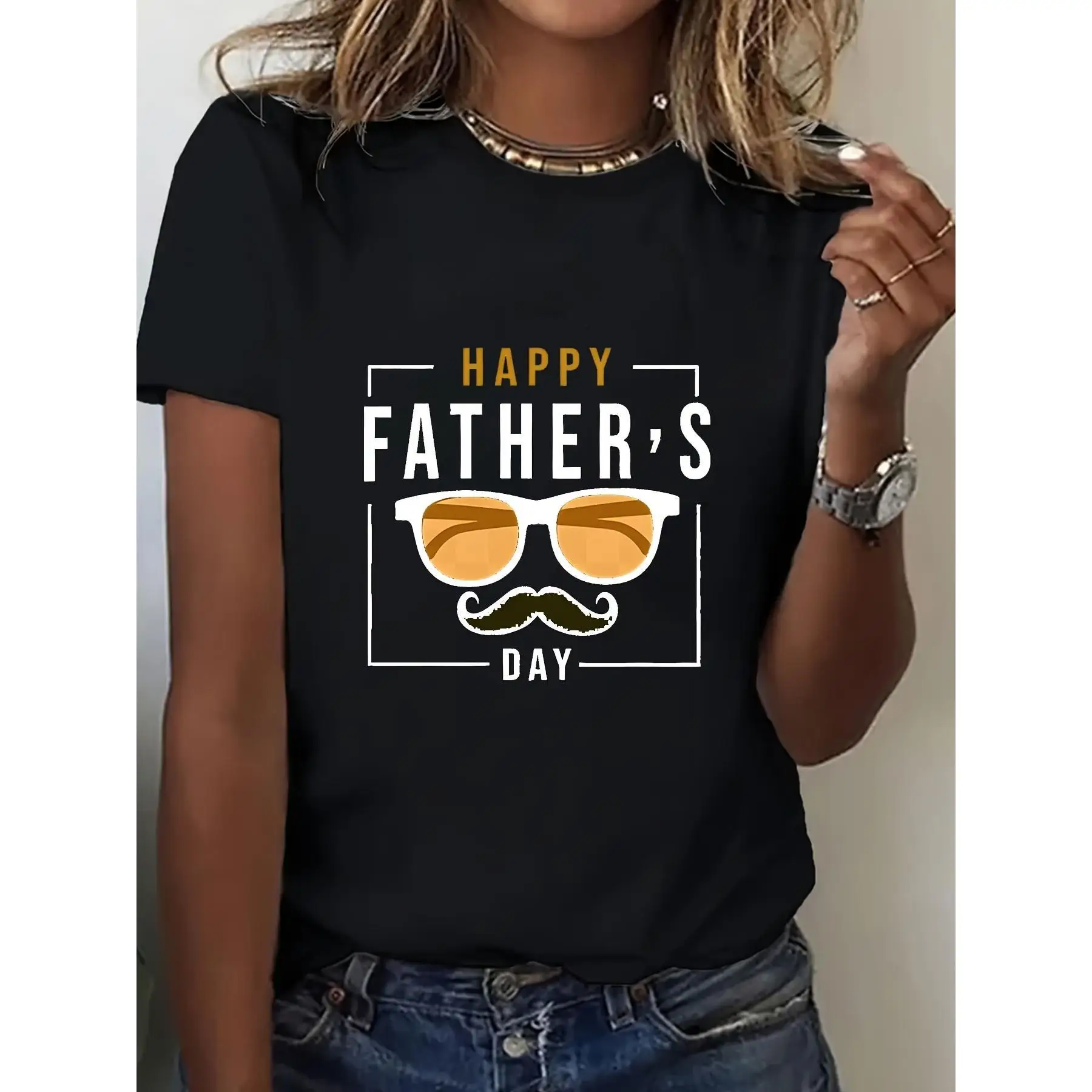 

Happy Father's Day Graphic Tee - Women’s Casual Short Sleeve T-Shirt with Stylish Mustache & Fashion Glasses Design, Black Round