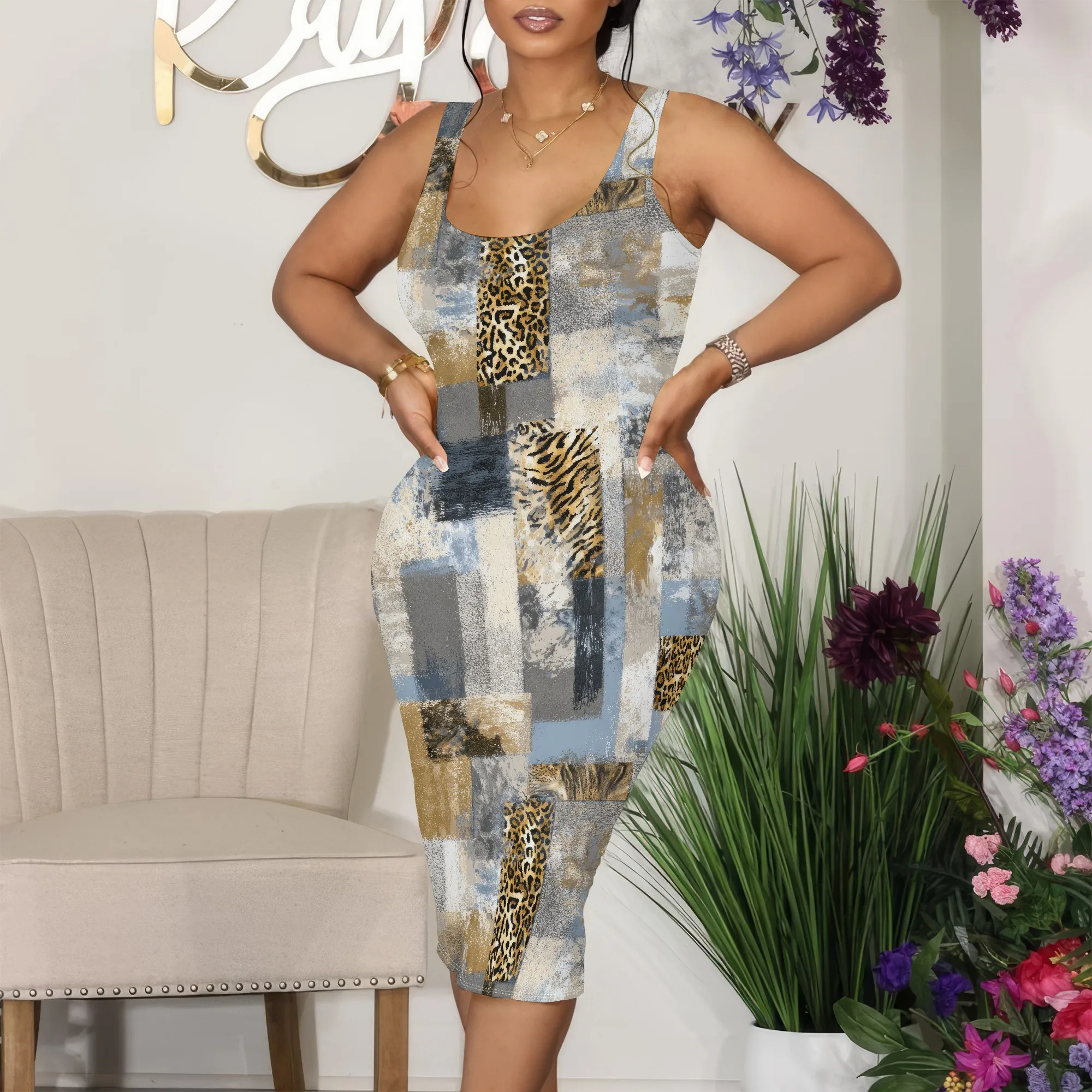 เซ็กซี่ฤดูร้อนผู้หญิง Casual Tie Dye รอบคอแขนกุด Club Beach Bodycon Midi Tank Dress Sun Dresses