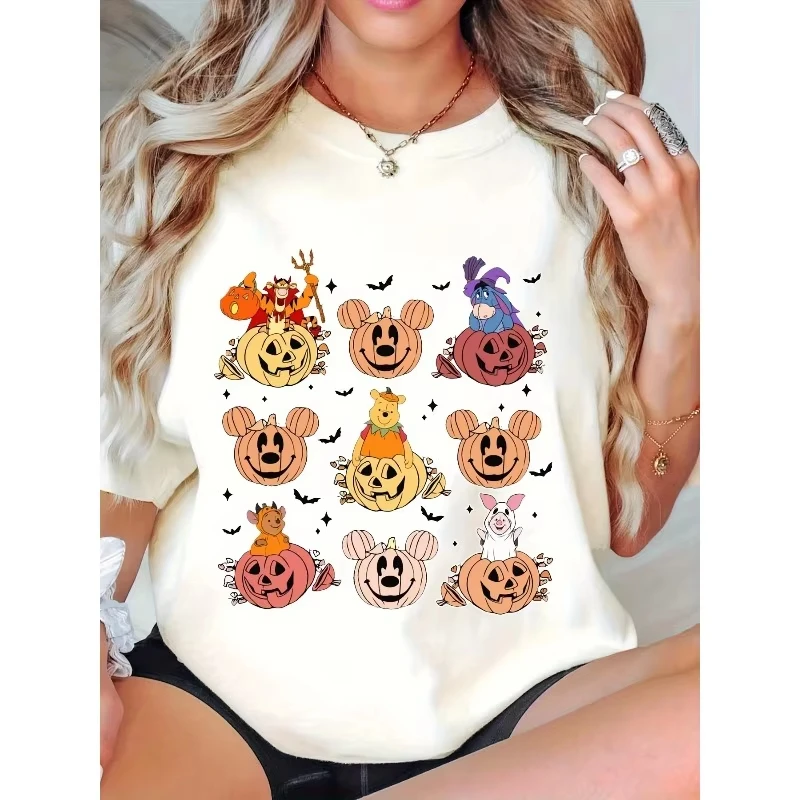 

MINISO футболка с принтом мультфильма «Пух медведь» и граффити, 2021, новый женский тренд на Хэллоуин в стиле Дисней, большие размеры, свободный повседневный топ с короткими рукавами