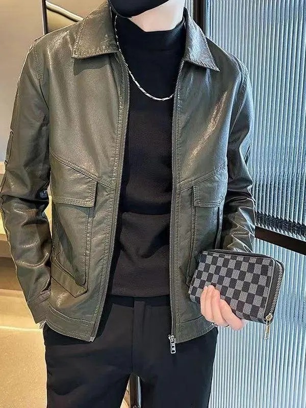 

Мужская приталенная куртка из искусственной кожи однотонного цвета, модная повседневная кожаная куртка, стильная верхняя одежда для молодежи, осень-зима, новинка