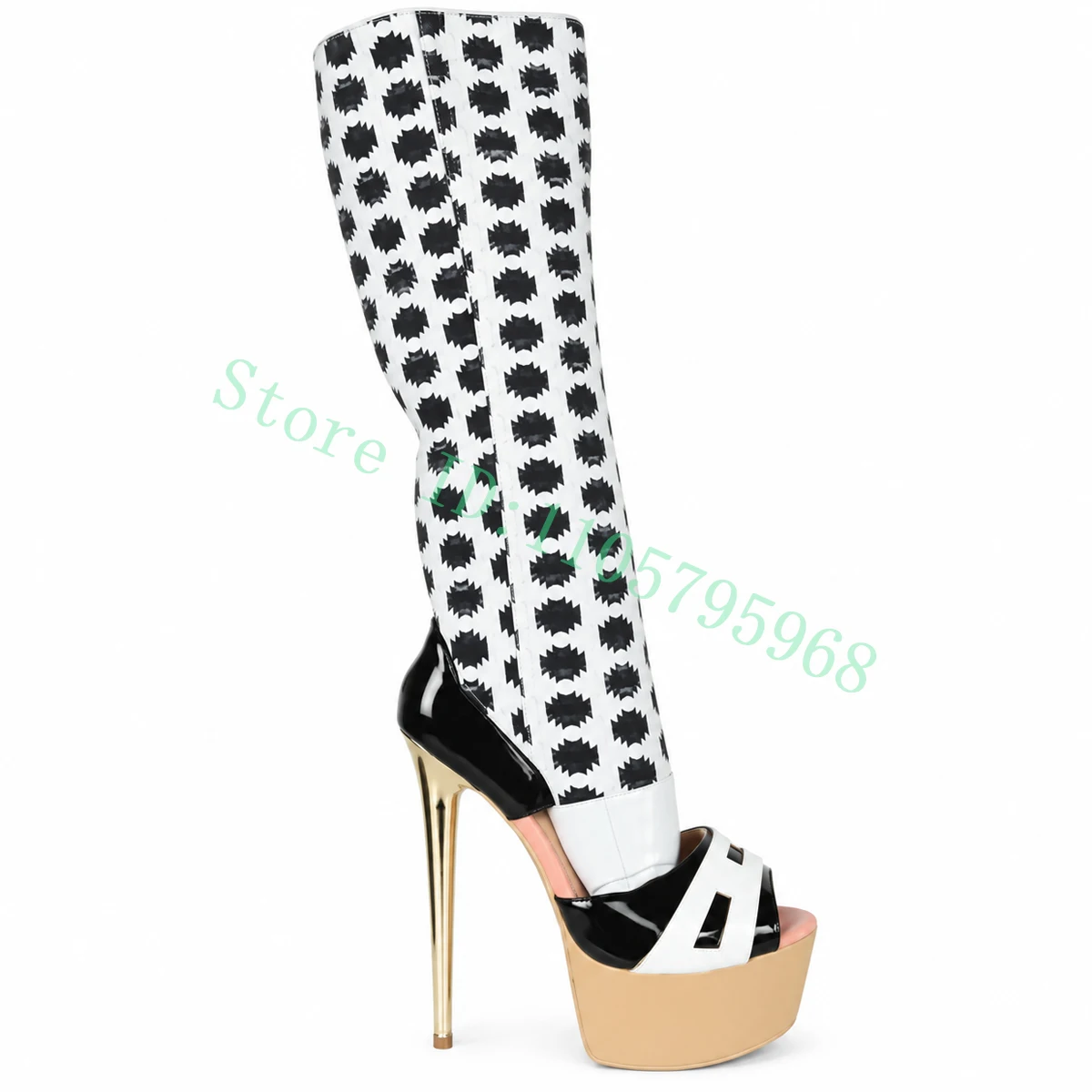 Women's Party Runway Mid Calf Boots Black White Geometric Pattern Ultra High Heel Platform Peep Toe Boots